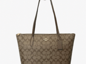 Coach Women's Outline Signature Zip Tote Khaki Saddle2